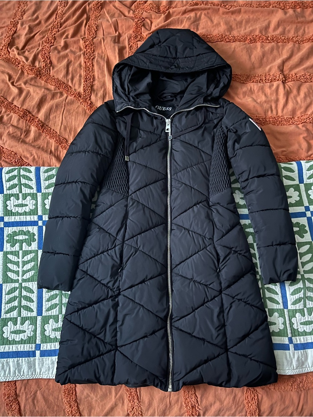 GUESS Black Quilted Long Hooded Puffer Coat